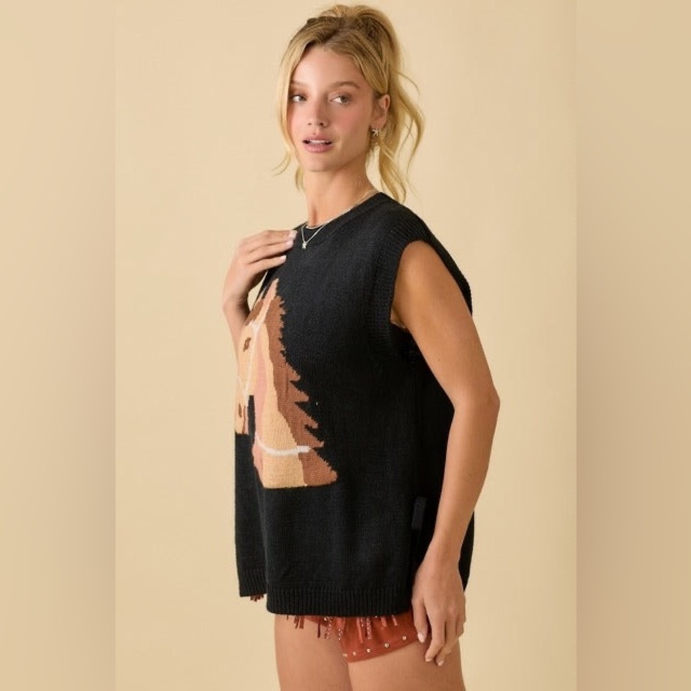 Western Horse Oversized Sleeveless Sweater Vest Top - Main Strip - Picture 6 of 7
